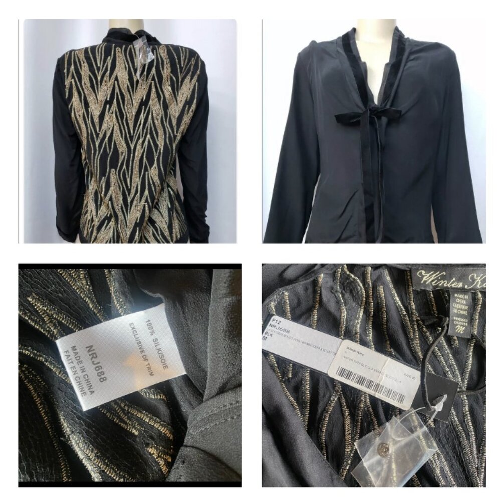 NWT Winter Kate Silk Crepe Velvet Gold Embroidered Blouse